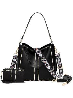 Hobo Tote Bag for Women, Studded Shoulder Handbag, 2-Piece Set